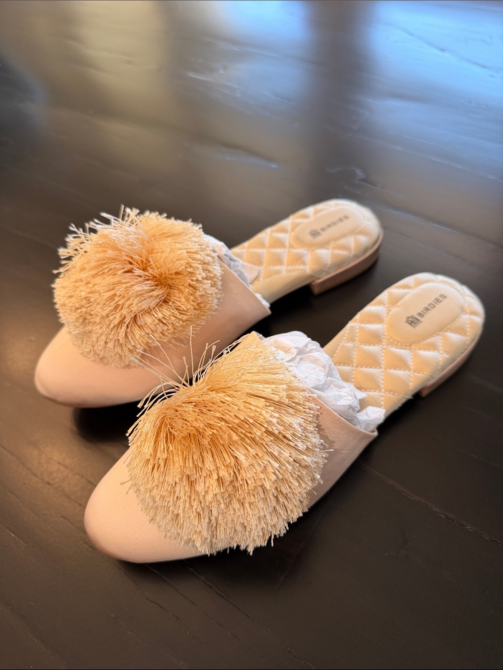 Birdies Cream Slip-On Mules with Tan Pom-Poms
